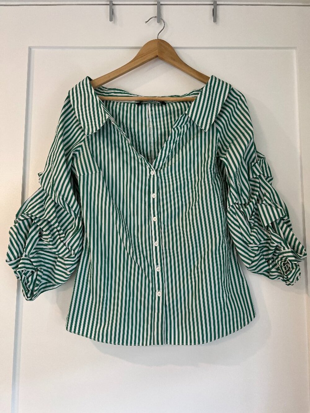 Zara Green White Striped Off-Shoulder Button Down Shirt